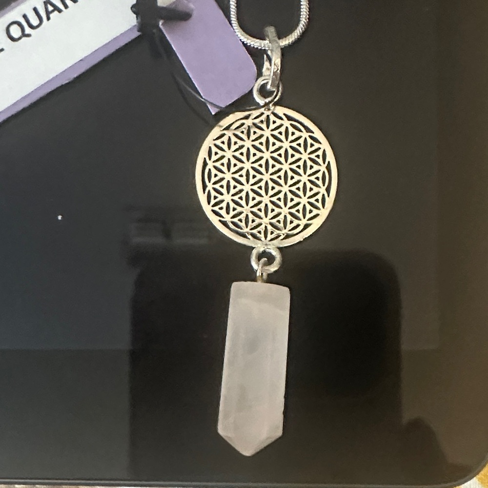 Silver Geometric Pendant Necklace with Rose Quartz